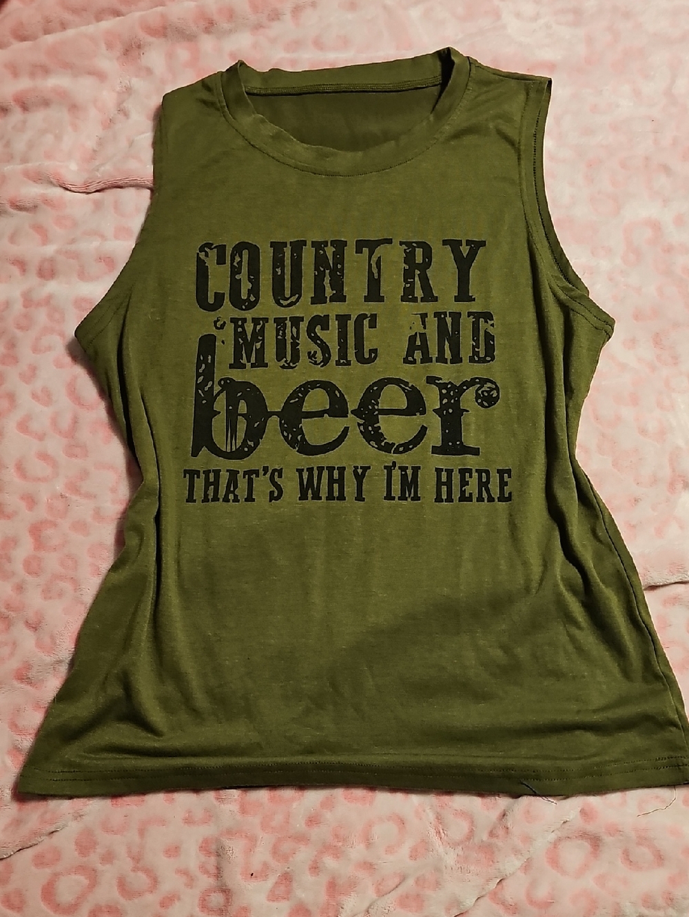 Olive Green Graphic Tank Top - Country Music and Beer